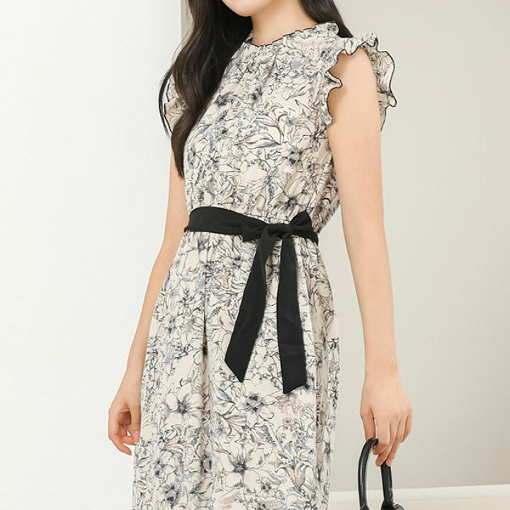 楽天市場】フリルカラー ノースリーブ 花柄 ギャザー ワンピース 女性  