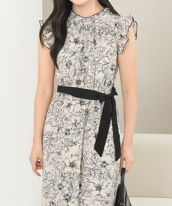 楽天市場】フリルカラー ノースリーブ 花柄 ギャザー ワンピース 女性  