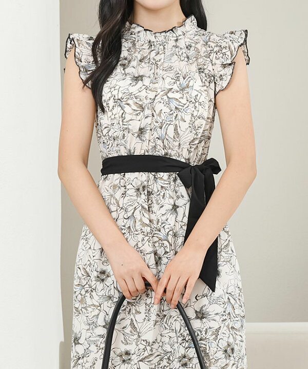 楽天市場】フリルカラー ノースリーブ 花柄 ギャザー ワンピース 女性  