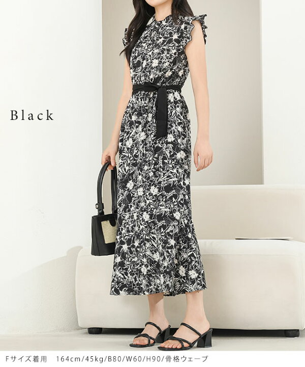 楽天市場】フリルカラー ノースリーブ 花柄 ギャザー ワンピース 女性  