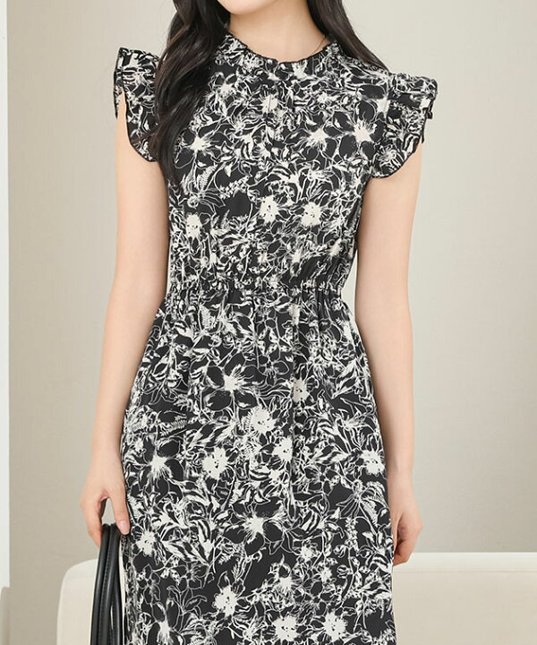 楽天市場】フリルカラー ノースリーブ 花柄 ギャザー ワンピース 女性  