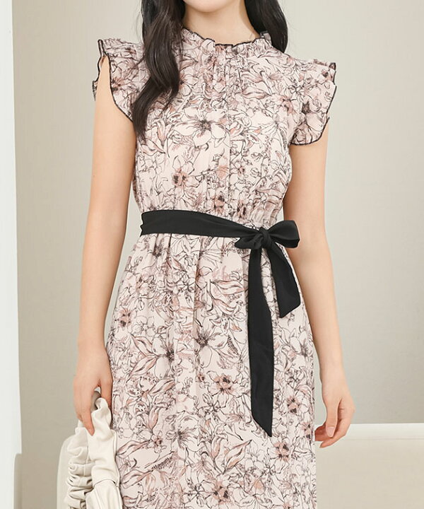 楽天市場】フリルカラー ノースリーブ 花柄 ギャザー ワンピース 女性  