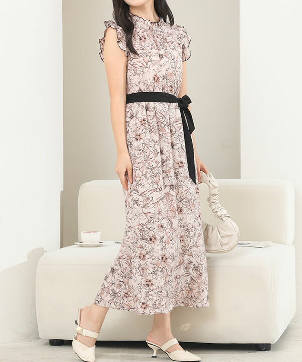 楽天市場】フリルカラー ノースリーブ 花柄 ギャザー ワンピース 女性  