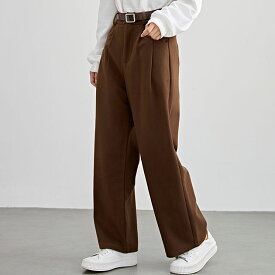 ハイウエスト ワイド ストレート タック パンツ 裏起毛 女性 レディース ボトム ズボン 秋 冬 保温 温活 あったか 厚手 起毛 単色 無地 細見え 腰高設計 シンプル ベーシック クラシカル きれいめ マニッシュ オンコーデ