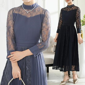 プチハイネック レース ドッキング プリーツ ワンピース 女性 レディース ドレス ブラウス 半袖 春 夏 秋 冬 透け感 単色 花柄 フラワー 異素材 華やか エレガント 結婚式 謝恩会 オケージョン ドレス シアー ボタニカル Aライン