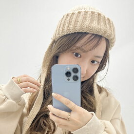 ソリッドカラー ストラップ付き オーバー ニット キャップ 女性 レディース 帽子 ワッチ ビーニー 秋 冬 防寒 保温 ソフト あったか 単色 無地 シンプル カジュアル ストリート フォークロア ウォーミー リボン 小顔効果 韓国