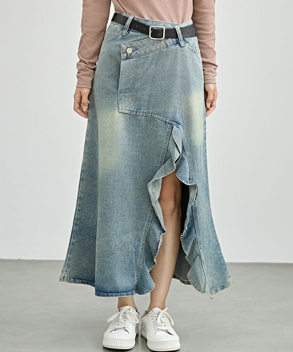 楽天市場】ハイウエスト リメイク デニム フリル スリット スカート  