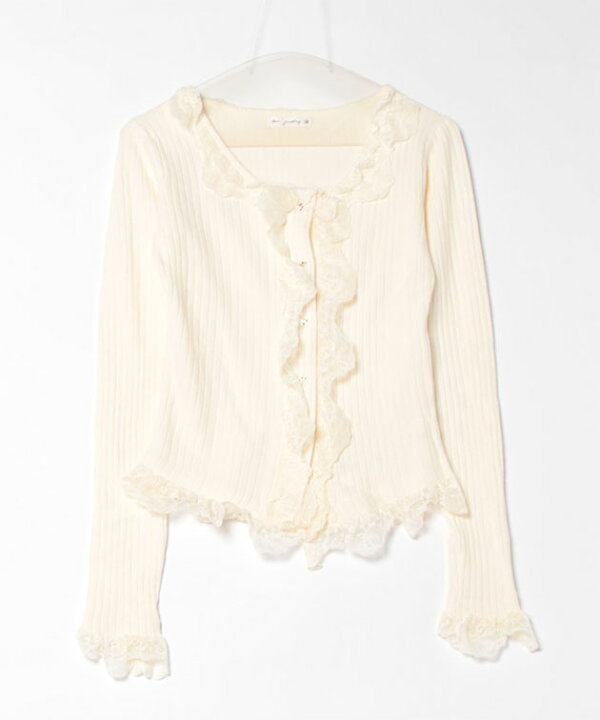 楽天市場】レース フリル リブ ニットカーディガン 長袖 丸首 Uネック  
