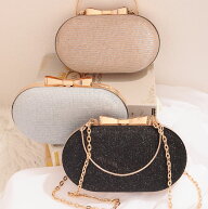 3WAY ラメ リボン オーバル パーティー バッグ 女性 レディース クラッチ ショルダー ハンド グリッター …