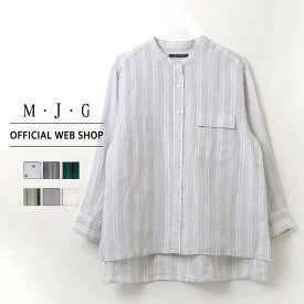 GW/more10%offクーポン対象【公式】【15%OFF】■涼■ M・J・G エムジジェ フレンチリネン8分袖シャツ レディース リネンシャツ ノーカラー 麻 白 ホワイト ストライプ ピンク 小紋柄 羽織り 天然素材[2023春夏新作] [春夏] GMT726 母の日 プレゼント