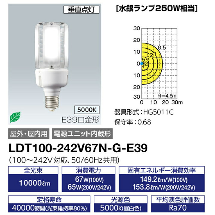 楽天市場】岩崎 LDT100-242V67N-G-E39 LDT100-242V67L-G-E39 LDT100-242V67L-G-E39/21 レディオック LEDライトバルブ K 標準 67W E39 昼白色 電球色 ナトリウム色 垂直点灯 電源内蔵 水銀ランプ250W相当 40000時間【 送料80サイズ】(K) : あかりのランプメンテナンス 楽天市場】岩崎 LDT100-242V67N-G-E39 LDT100-242V67L-G-E39 LDT100-242V67L-G-E39/21 レディオック LEDライトバルブ K 標準 67W E39 昼白色 電球色 ナトリウム色 垂直点灯 電源内蔵 水銀ランプ250W相当 40000時間【 送料80サイズ】(K) : あかりのランプメンテナンス
