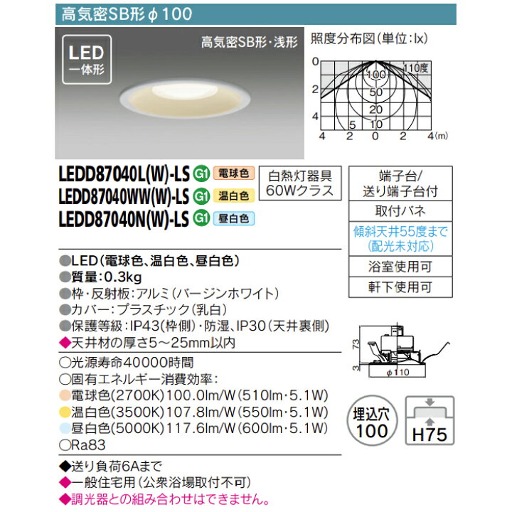 楽天市場】東芝 LEDD87040L(W)-LS LEDD87040WW(W)-LS LEDD87040N(W)-LS LED一体形 ダウンライト 高気密SB形 φ100 白熱灯器具60Wクラス 40000時間 調光器不可ホワイト 広角タイプ 電球色 温白色 昼白色【要工事】【送料80サイズ】 : あかりのランプメンテナンス 楽天市場】東芝 LEDD87040L(W)-LS LEDD87040WW(W)-LS LEDD87040N(W)-LS LED一体形 ダウンライト 高気密SB形 φ100 白熱灯器具60Wクラス 40000時間 調光器不可ホワイト 広角タイプ 電球色 温白色 昼白色【要工事】【送料80サイズ】 : あかりのランプメンテナンス
