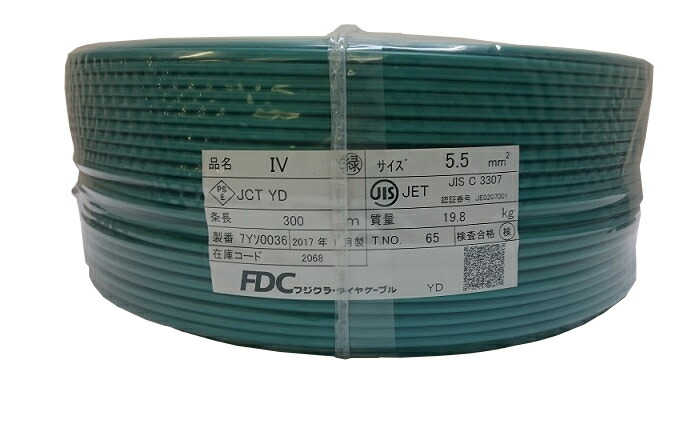 フジクラダイヤケーブル IV5.5SQ G IV電線 600Vビニル絶縁電線 300ｍ巻 より線 緑 | 電材BlueWood