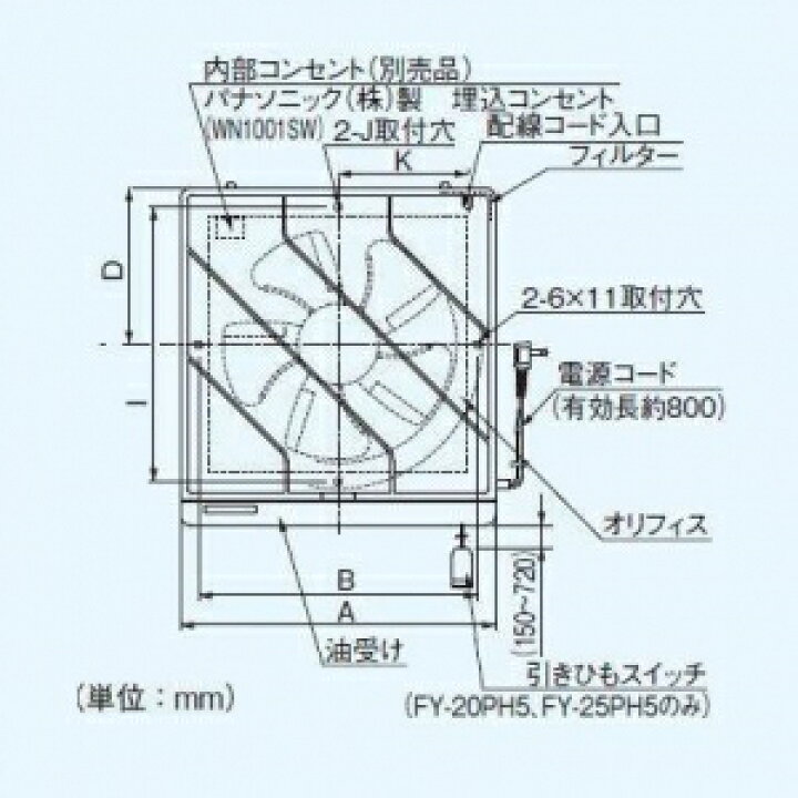楽天市場 パナソニック 一般 台所 事務所 居室用換気扇 フィルター付 排気 連動式シャッター 引き紐式スイッチ 交換式フィルター 埋込寸法 25cm角 Fy ph5 電材堂