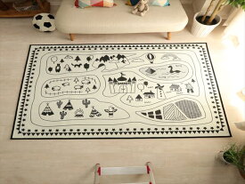 子供部屋に！ラグ 円形 カーペット じゅうたん 洗える モノトーンキッズラグ キャンピングマップ柄 約130×190cm