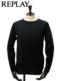 リプレイ　　REPLAY 長袖Tシャツ メンズ クルーネックカットソー コットン天竺 ブラック バックネックロゴプリント ヴィンテージ加工 国内正規品 でらでら 公式ブランド