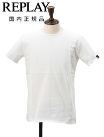 リプレイ　　REPLAY 半袖Tシャツ メンズ クルーネックカットソー ダメージ風デザイン コットンジャージー ホワイト 白 左袖ブランド織りタグ 薄手仕様 レギュラーシルエット 国内正規品 でらでら 公式ブランド