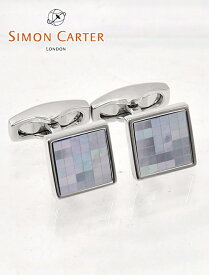 サイモンカーター　　SIMON CARTER メンズアクセサリー スクエアカフス カフリンクス ライトブルー チェッカーMOPパールタイル ブランド