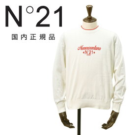 ヌメロ ヴェントゥーノ　　N°21 長袖サマーニット メンズ クルーネックニット A011-9503 コットン生地 オフホワイト 白 ジャガードロゴ ハイゲージ レギュラーフィット 国内正規品 でらでら 公式ブランド