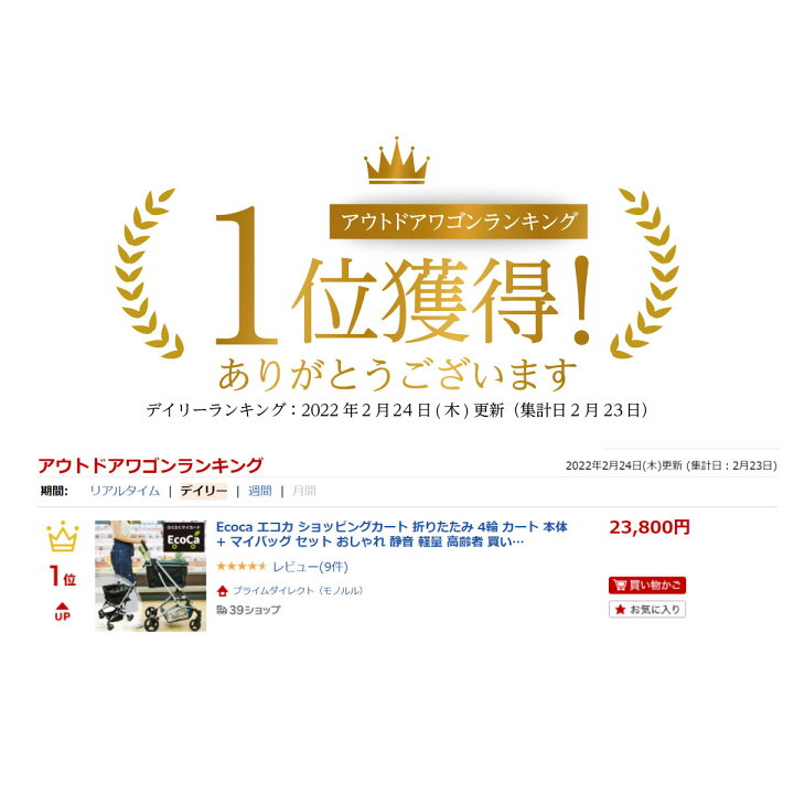 楽天市場 ランキング1位 Ecoca エコカ ショッピングカート 折りたたみ 4輪 カート マイバッグ セット おしゃれ 静音 軽量 高齢者 買い物 カート 折りたたみカート 大容量 荷物カート 荷物運び アウトドア 前押し お買い物 コンパクト 母の日 誕生日 プレゼント