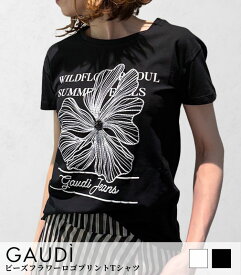 【待望の再入荷！】GAUDI / ガウディ ビーズフラワーロゴプリントTシャツ レディース Tシャツ 半袖 ロゴT 花柄 きれいめ カジュアル 春夏