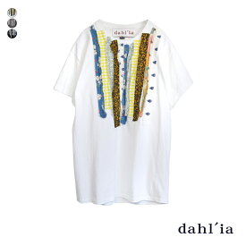 dahl'ia ダリア リボン付き 半袖 リメイク Tシャツ [HD-114] レディース ティーシャツ オーバーサイズ フリル付き カットソー