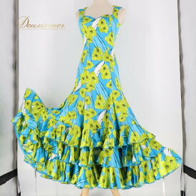 【中古】S.D.ELVIRA フラメンコ 衣装 ワンピース ドレス 花柄 光沢 ボランテ フリル 花柄 黄緑 ブルー系 グリーン系 フラメンコドレス 華やかエレガント おしゃれな花柄 パーティー用 多彩 大人向け 高級感 ステージ衣装 フリルデザイン C027-2511022000698
