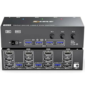 KCEVE 8K USB3.0 KVM�X�C�b�` 3PC 3���j�^�[ KVM Switch�A�~���[/�g�����[�h (8K@30Hz/4k@144Hz) PC3��ƃf�B�X�v���C3��Ή��A�L�[�{�[�h �}�E�X��3PC�ŋ��L�A�h���C�o�[�s�v�A�茳�X�C�b�`&USB�P�[�u �S2��