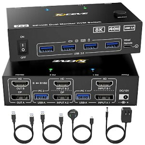 KCEVE �f���A�����j�^�[ USB3.0 DP HDMI KVM�X�C�b�` 8K@60Hz/4K@120Hz 2����2�o��(�~���[/�g�����[�h���T�|�[�g) 2��̃��j�^�[��1�g�̃L�[�{�[�h�A�}�E�X�����L�ł��� �S1�T�C�Y