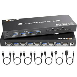 KCEVE HDMI USB3.0 KVM�X�C�b�` 4����1�o�́A4K@60Hz�Ή� EDID�G�~�����[�V�������ځAUSB3.0�|�[�g×4�A4��PC��1�䃂�j�^�[�ؑցA�L�[�{�[�h �}�E�X���L�A�h���C�o�[�s�v�A�茳�X�C�b�`�t�� �S1��