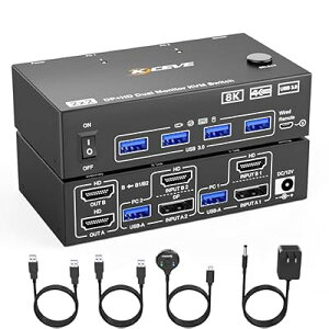 KCEVE 8K@60Hz USB3.0 KVM�ؑ֊� 4����2�o�́A�~���[/�g�����[�h KVM Switch KVM�X�C�b�` PC4��ƃ��j�^�[2��Ή� �L�[�{�[�h�A�}�E�X��4PC�ŋ��L �h���C�o�[�s�v �ȒP�ɐڑ� �茳�X�C�b�`�t �S4�T�C�Y