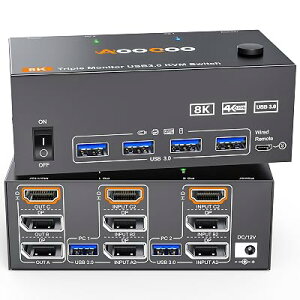8K KVM�ؑ֊� 2PC 3���j�^�[�A�~���[/�g�����[�h HDMI + DP�|�[�g (8K@30Hz/4k@144Hz) USB3.0�|�[�g KVM Switch PC2��ƃf�B�X�v���C3��Ή� �L�[�{�[�h�A�}�E�X��2PC�ŋ��L �h���C�o�[�s�v �茳�X �S2�T�C�Y