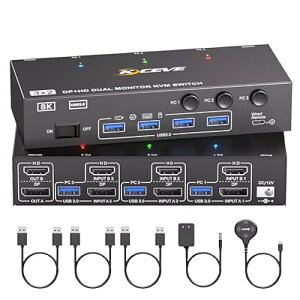 KCEVE 8K@60Hz USB3.0 KVM�ؑ֊� 4����2�o�́A�~���[/�g�����[�h KVM Switch KVM�X�C�b�` PC4��ƃ��j�^�[2��Ή� �L�[�{�[�h�A�}�E�X��4PC�ŋ��L �h���C�o�[�s�v �ȒP�ɐڑ� �茳�X�C�b�`�t �S4�T�C�Y
