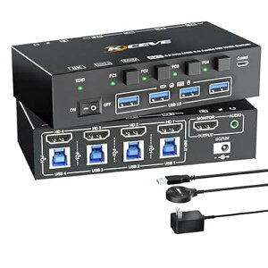 KCEVE HDMI 2.1 KVM�X�C�b�` PC�ؑ֊� 4����2�o�� EDID�@�\ 8K@60Hz/4K@144Hz 4PC KVM�ؑ֊� USB3.0 �L�[�{�[�h�A�}�E�X�A���j�^�[��4PC�ŋ��L �茳�X�C�b�`�t�� �S2�T�C�Y