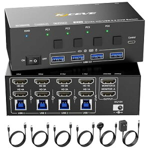 KCEVE HDMI 2.1 KVM�X�C�b�` PC�ؑ֊� 4����2�o�� EDID�@�\ 8K@60Hz/4K@144Hz 4PC KVM�ؑ֊� USB3.0 �L�[�{�[�h�A�}�E�X�A���j�^�[��4PC�ŋ��L �茳�X�C�b�`�t��