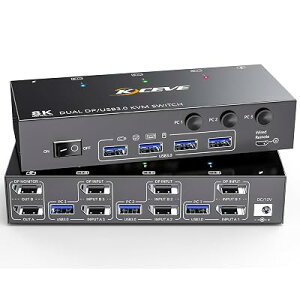 KCEVE 8K@30Hz USB3.0 KVM�ؑ֊� 3����2�o�́A�~���[/�g�����[�h (2 DP�|�[�gPC) KVM Switch KVM�X�C�b�` PC3��ƃ��j�^�[2��Ή� �L�[�{�[�h�A�}�E�X��3PC�ŋ��L �h���C�o�[�s�v �ȒP�ɐڑ� �茳�X�C�b�`