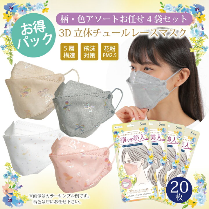楽天市場】チュールレースマスク 4袋 20枚 5枚入×4P まとめ買い 3d  