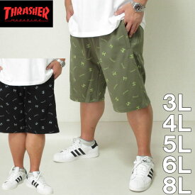 大きいサイズ メンズ THRASHER- 総柄 プリント ハーフパンツ（メーカー取寄）スラッシャー 3L 4L 5L 6L 8L 大きい サイズ キングサイズ ビッグサイズ デビルーズ ショートパンツ おしゃれ 夏服 春服 短パン ショーツ