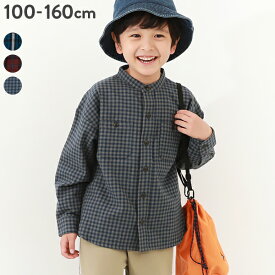 【SALE 45%OFF】バンドカラー ネルシャツ キッズ 子供服 長袖シャツ 男の子 ノーカラーシャツ チェック柄シャツ トップス シャツ ブラウス 前開き 綿100% シンプル 通学 通園