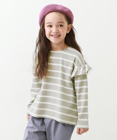 肩フリル 先染めボーダー ストレッチ 長袖Tシャツ 子供服 キッズ ベビー 女の子 トップス 長袖Tシャツ ロンT Aライン ストレッチ