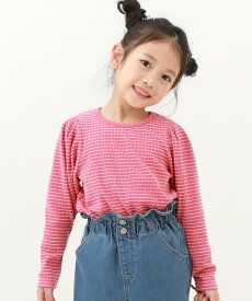 【LIMITED SALE 44%OFF】細リブ パフスリーブ ボーダー長袖Tシャツ 子供服 キッズ 女の子 トップス 長袖Tシャツ ロンT パワーショルダー ボーダー 24SS_春のガールズコレクション_トップス