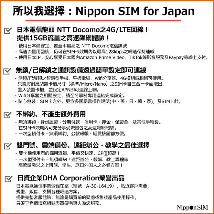 楽天市場】Nippon SIM プリペイドsim simカード 日本 国内 180日間 15GB NTTドコモ通信網 docomo 4G / LTE回線  3in1 データ sim ( SMS  音声通話非対応 ) デザリング可能 simフリー端末のみ対応 多言語マニュアル付 : DHA ダイレクト  楽天市場店