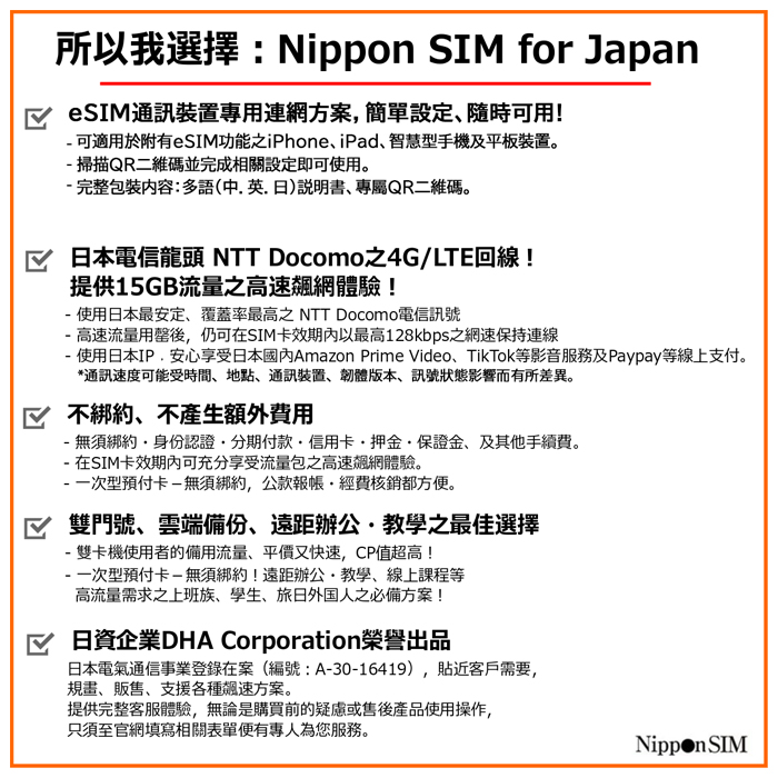 Nippon eSIM プリペイドsim LTE回線 データ通信専用 音声通話非対応 docomo SMS 日本 simフリー端末のみ対応 180日間 simカード  4G NTTドコモ通信網 デザリング可能 国内 多言語マニュアル付 15GB sim 光回線・モバイル通信