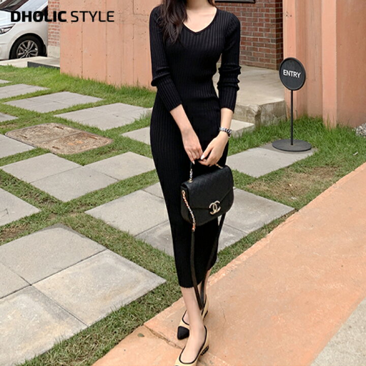 楽天市場 リブニットロングワンピース P レディース Ops 韓国ファッション ワンピース ロング ミモレ丈 Vネック 長袖 スリム 細身 タイト くびれ 無地 大人 上品 ニットワンピース カジュアル 秋 冬 春 Style Dholic Style