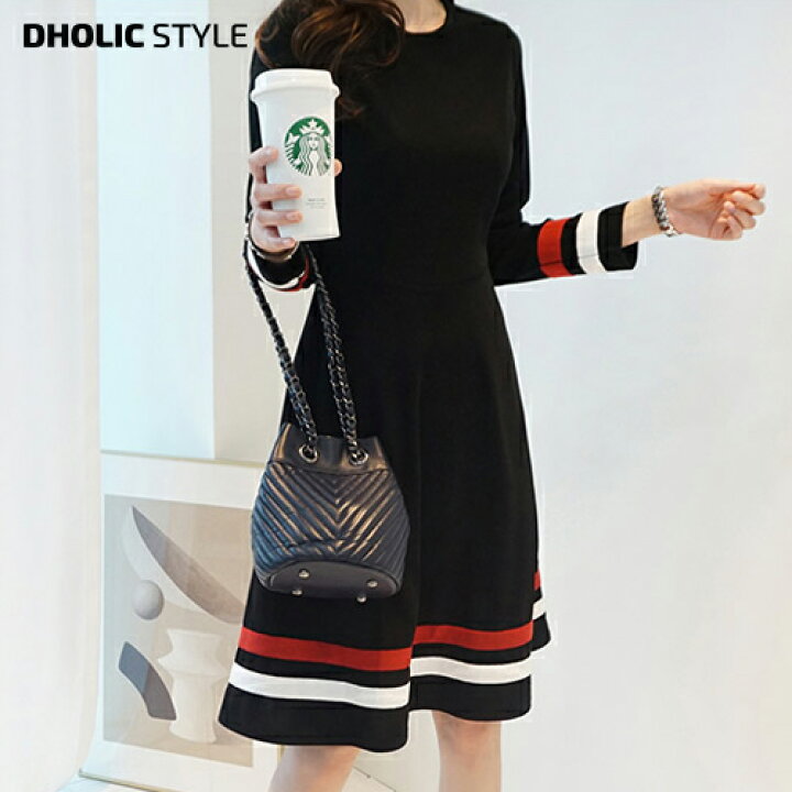 楽天市場 配色ラインフレアワンピース P レディース Ops 韓国ファッション ワンピース ミディ ミドル ミディアム 膝丈 ラウンドネック 長袖 フレア Aライン スリム 細身 大人 カジュアル 秋 冬 春 Style Dholic Style