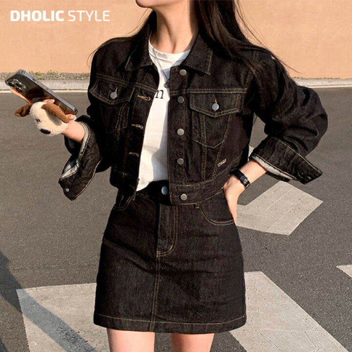 楽天市場】クロップドデニムジャケット&デニムスカートパンツSET  