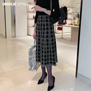 《人気再入荷》 sk レディース 韓国ファッション ロングスカート ニットスカート フレアスカート ツイード風 シック 伸びる フェミニン オフィス カジュアル ガーリー デート 着回し 秋 冬 SS