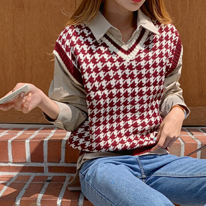楽天市場 ハウンドトゥースチェックニットベスト P レディース Tops 韓国ファッション トップス ベスト ニット Vネック ルーズ スクールルック 千鳥柄 千鳥 ハウンドトーゥス カジュアル 春 秋 Style Dholic Style