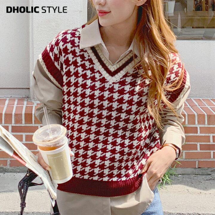 楽天市場 ハウンドトゥースチェックニットベスト P レディース Tops 韓国ファッション トップス ベスト ニット Vネック ルーズ スクールルック 千鳥柄 千鳥 ハウンドトーゥス カジュアル 春 秋 Style Dholic Style