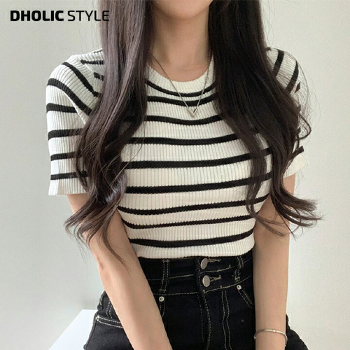 楽天市場】半袖ボーダーリブニット・p385520 レディース 【tops】 韓国 